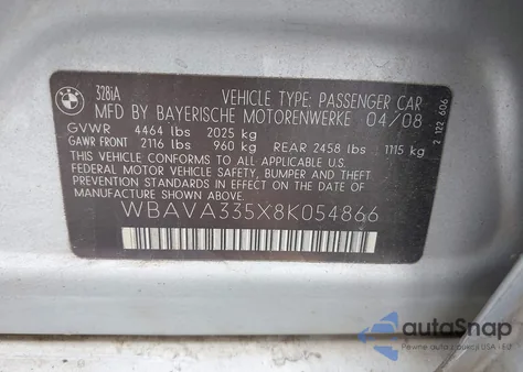 2008 BMW 328I из США, поврежденный, VIN WBAVA335X8K054866